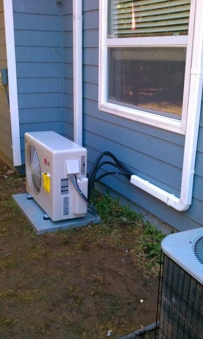 Compact ductless unit set on a residential side yard